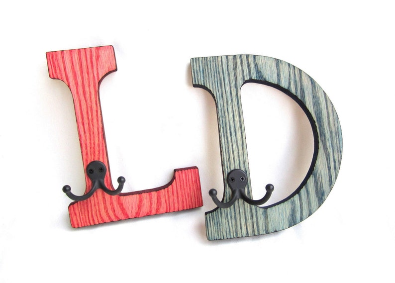 INITIAL COAT RACKS / Hangers / Childrens Personalized / Wood Burned / Set of Two image 1