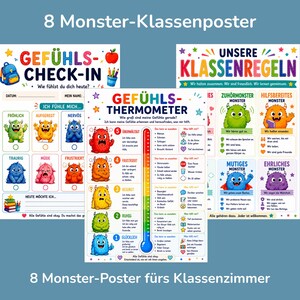 May include: A set of eight educational classroom posters featuring colourful monster illustrations. The posters include a feelings check-in chart, a feelings thermometer, and classroom rules, all decorated with various cartoon monsters and text.
