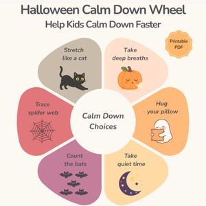 Rueda de opciones para calmarse en Halloween para niños / Imprimible para el rincón de la calma / Rueda de habilidades para afrontar emociones intensas / Herramienta de regulación emocional