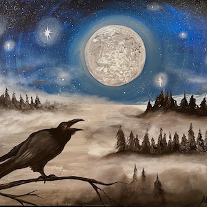 May include: A black raven perched on a branch with a full moon and stars in the background. The sky is a deep blue with white clouds. The raven is looking up at the moon.