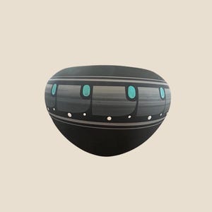 Signed Matte Black Geometric Pottery Bowl Turquoise Grey Hand Painted 5 Inch