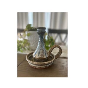 Hand-Signed Blue Brown Drip Glaze Candlestick Studio Pottery Chamberstick