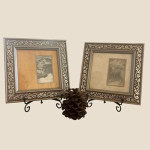 Pair of Classical Sketch Art Prints Ornate Champagne Silver Square Frames 8x8