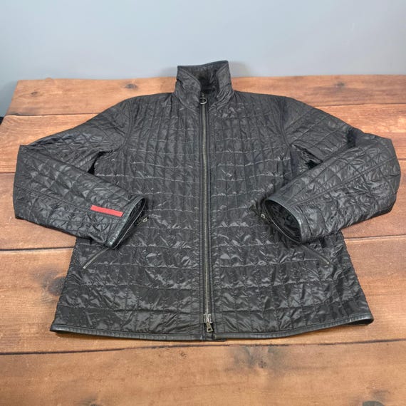 Prada, Prada Quilted Jacket Mens XL Black Good Leather Trim Full Zip Made in Italy