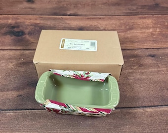 Longaberger Small Loaf Dish Pottery Sage Green Excellent Holiday Fabric Cover
