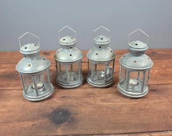 Tea Light Lanterns Set of 4 Silver Good Star Cutout Galvanized Metal