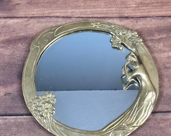 Espejo de pared Art Nouveau dorado, excelente doncella, floral, latón, 10,5"