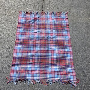 Plaid Throw Blanket Blue Red Excellent Wool Fringed UK Made 37"x46"