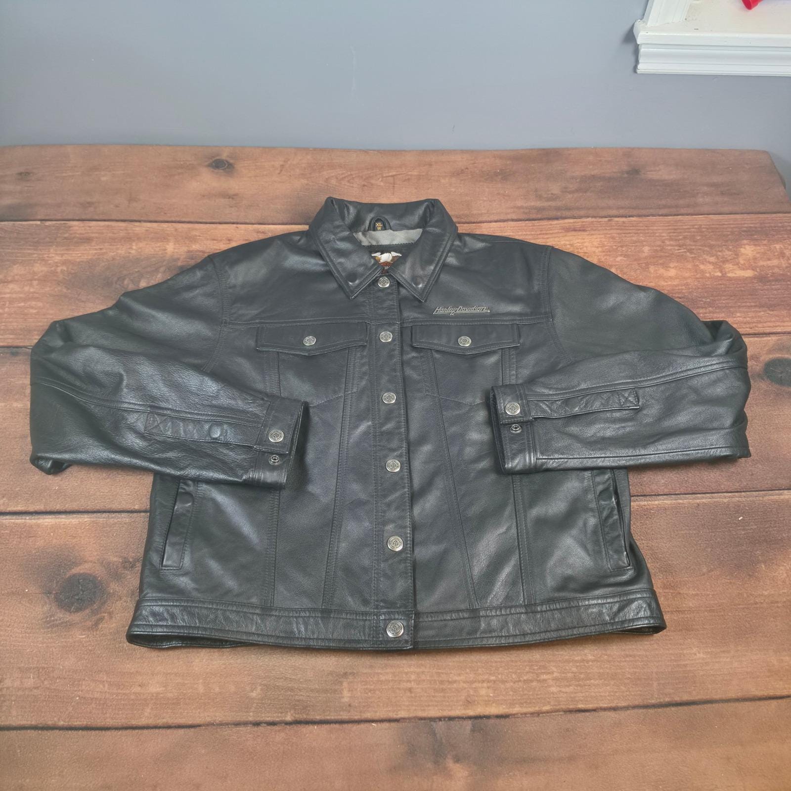 Harley-davidson Leather Trucker Jacket Womens XL Black Good