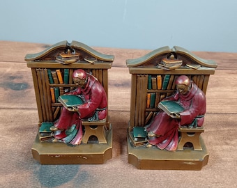 L.V. Aronson 1920 Antique Bronze Clad Monk Cardinal Reading Bookend Polychrome