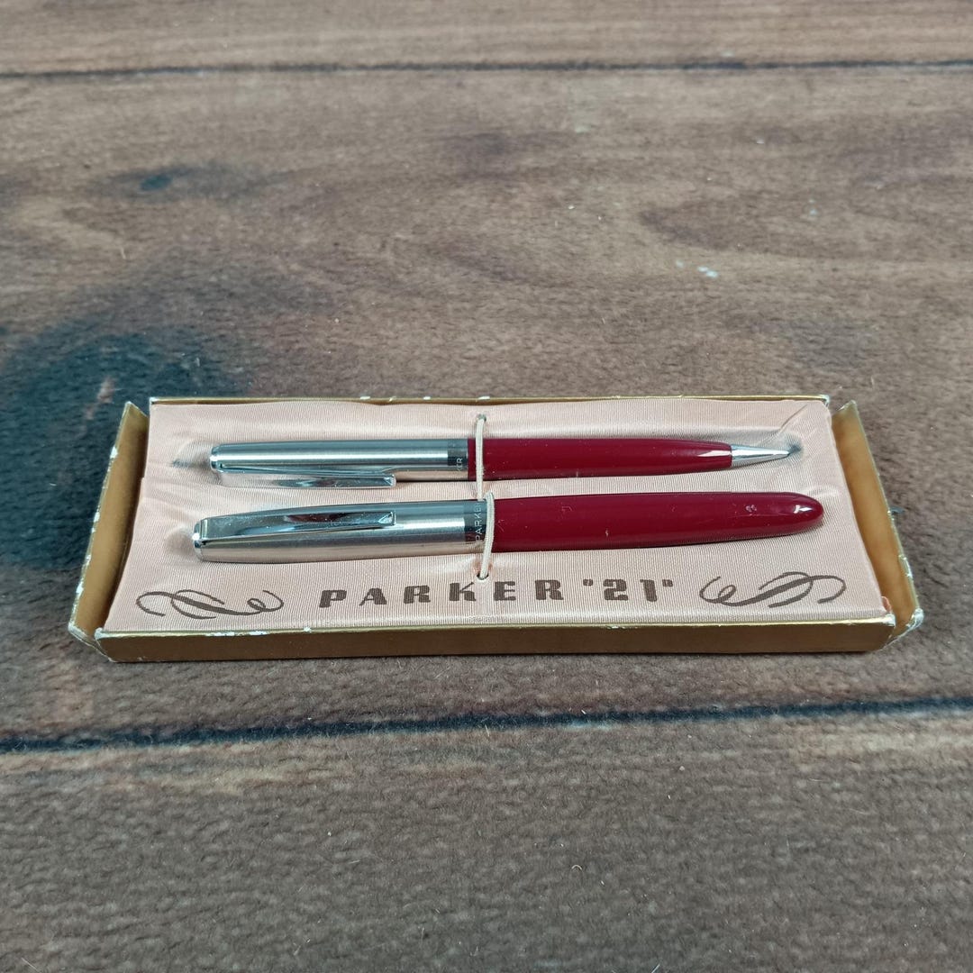 Vintage Parker 21 Fountain Pen and Pencil Set Burgundy Red Silver Cap ...