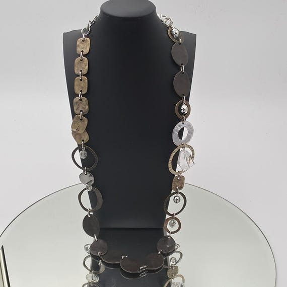 Chico's Long Mixed Metal Statement Necklace Womens Multi Good Hammered Crystal