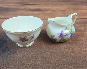 H.M. Sutherland Creamer and Sugar Bowl Set White Purple Excellent Floral Violets
