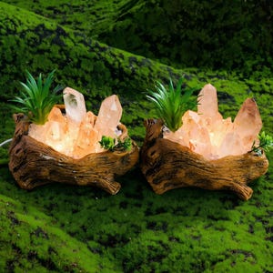 May include: Two decorative crystal quartz lamps in a rustic, wood-like container. Each lamp features a cluster of illuminated quartz crystals, with a small green plant and additional greenery. The lamps are set against a backdrop of green moss.