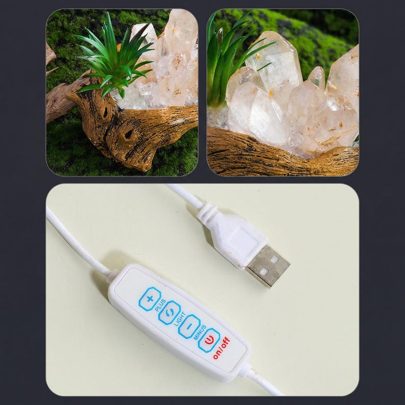 May include: Two images show a quartz crystal cluster with a small green plant in a wooden base. The top left image shows the plant and quartz in a close-up view. The top right image shows the quartz and plant from a different angle. The bottom image shows a white USB cable with a control panel that has plus, light, minus, and on/off buttons.