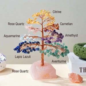 7 Chakra Crystal Tree | Rose Quartz Base, Amethyst, Citrine, Aventurine Home Decor