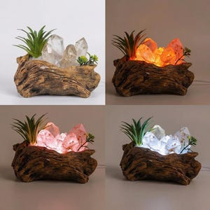 May include: A decorative crystal lamp in a rustic wooden planter. The lamp features clear quartz crystals, faux succulents, and a warm, inviting glow. The lamp is designed to add a touch of natural beauty to any space.