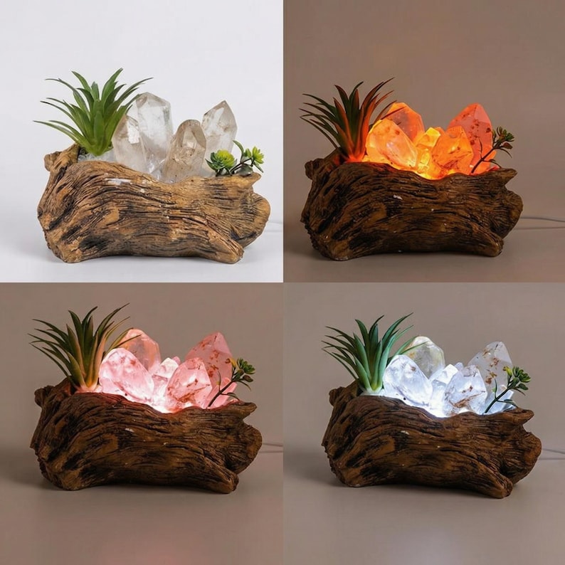 May include: A decorative crystal lamp in a rustic wooden planter. The lamp features clear quartz crystals, faux succulents, and a warm, inviting glow. The lamp is designed to add a touch of natural beauty to any space.