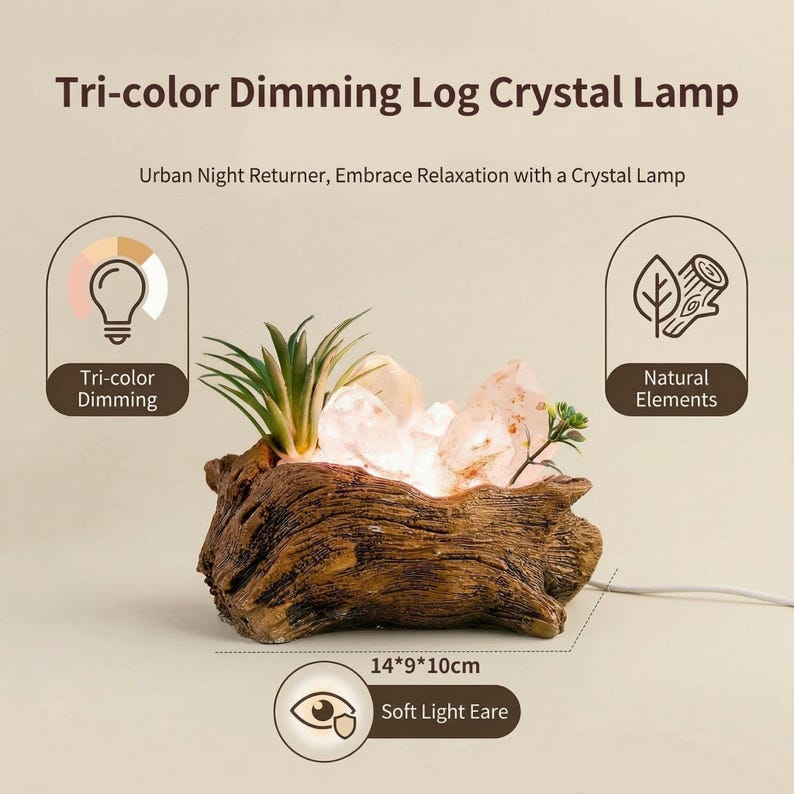 May include: A decorative log-shaped lamp with a crystal and plant arrangement. The lamp features tri-color dimming and natural elements. The dimensions are 14*9*10cm.