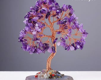 Amethyst Crystal Money Tree, Copper Wire Bonsai, Agate Slice Base, Spiritual Decor