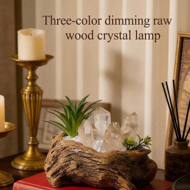 May include: A decorative lamp featuring a raw wood base with clear quartz crystals and a small succulent plant. The lamp has the text "Three-color dimming raw wood crystal lamp" and is set on a red surface with a gold candle holder.