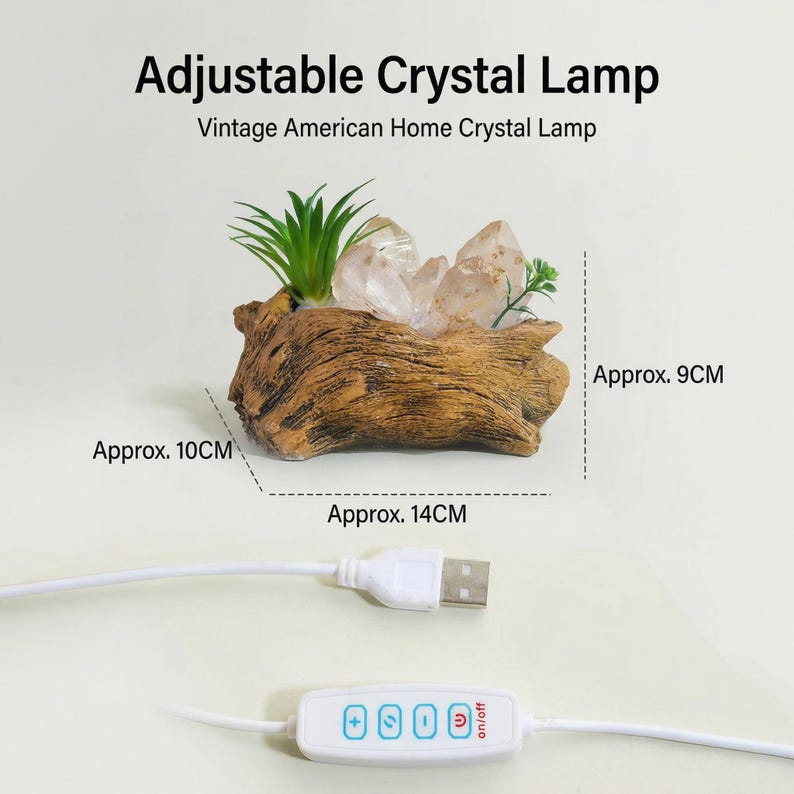 May include: Adjustable crystal lamp with a wooden base, clear crystals, and greenery. The lamp is approximately 10 cm high, 14 cm wide, and 9 cm deep. It includes a USB cable and an on/off control.