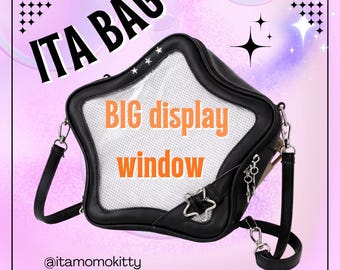 Bolsa Ita Black Star, Bolsa Expositora de Pins com Janela Transparente, Mochila Transversal Kawaii, Bolsa de Couro PU para Convenções de Anime