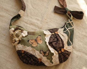 Lace Trim Patchwork Bag Green, Handmade Vintage Canvas Crossbody Bag with Butterfly Detail, Boho Shoulder Tote