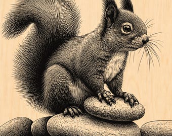 Squirrel on Stone Grayscale Engraving | Detailed Wildlife Engraving Art | Laser Design for Wood Projects