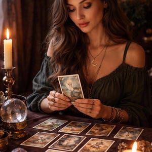 Op de afbeelding: Een vrouw in een donkergroene top bekijkt een tarotkaart, omringd door andere kaarten op een bruine tafel. Een brandende kaars en een kristallen bol zijn in de buurt, wat een mystieke sfeer creëert. De scène wordt verlicht door kaarslicht.