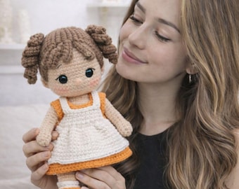 Schema per bambola all'uncinetto per principianti in PDF, tutorial Amigurumi facile con guida, bambola in stile vintage