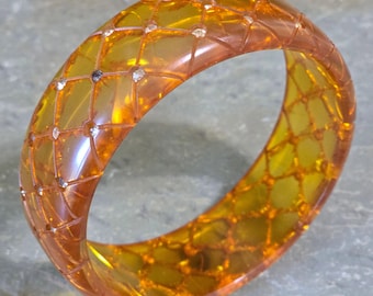 Antique Art Deco Carved Applejuice Bakelite Bangle Bracelet with Rhinestones