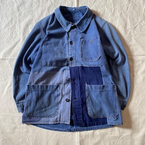 Pit21” ヴィンテージ 1960年代 フランス製 コットン インディゴ パッチワーク ジャケット、サイズS、パッチジャケット、パッチワーク ジャケット、ダメージ加工ワークジャケット