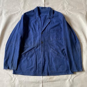 Pit 22" 1960s Vintage French Blazer Cotton Indigo Work Jacket, Size Medium, Distressed Jacket, Half Belt Jacket