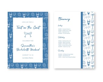 Uitnodiging Toast on the Coast vrijgezellenfeest | Coastal Bach-weekendroute (canvasjabloon, digitale download)