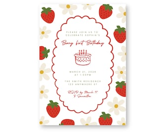 Berry eerste verjaardagsuitnodiging | Sjabloon Strawberry Party (digitale download en canvasjabloon)