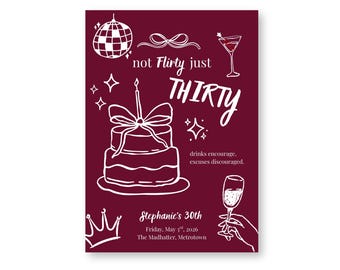 Grappige 30e verjaardagsuitnodiging | Burgundy discothema (canvasjabloon, digitale download)