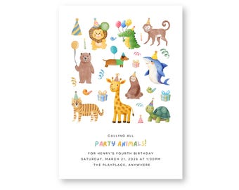 Dierlijke verjaardagsuitnodiging | Thema aquarel jungle (bewerkbare canvassjabloon, digitale download)