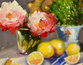 LEMONS ON BLUE Art Print of Original Oil Painting, Pink roses, lemons and French vase