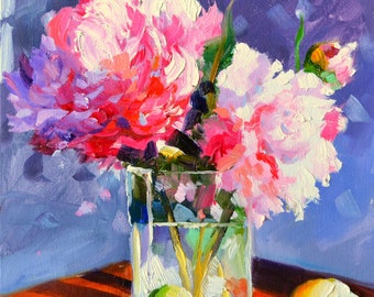 TWO PEONIES ART Print |  Original still life art work in Pink and Purple by Cecilia Rosslee | Lovely gift for her!