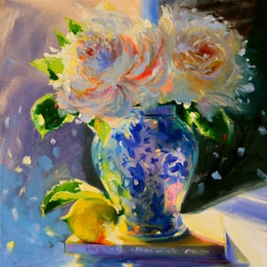 Yellow and Blue INSTANT DOWNLOAD of 'N SUURLEMOEN Iceberg Roses and Delf Porcelain Still life Painting by Cecilia Rosslee Gift for her image 1