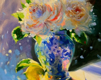 Iceberg Roses Still Life Painting: Delft Porcelain Vase Art Print (Digital Download)