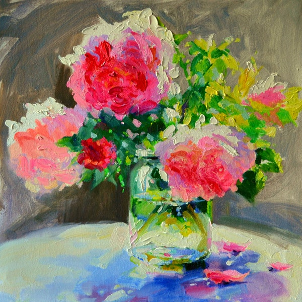 Art Print of 'N PAAR PEONIES | A Few Peonies Original Still Life Painting by Cecilia Rosslee | Pink Flowers in Mason Jar | Gift for Mom!