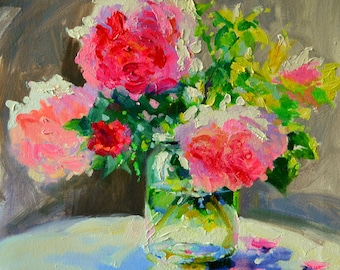 Peonies Art Print: Cecilia Rosslee Still Life Painting in Mason Jar