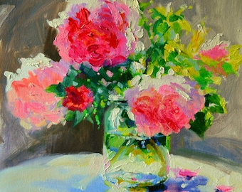 Art Print of 'N PAAR PEONIES | A Few Peonies Original Still Life Painting by Cecilia Rosslee | Pink Flowers in Mason Jar | Gift for Mom!