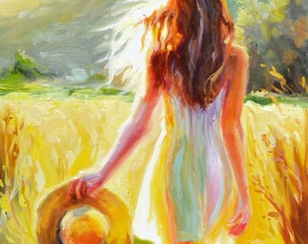 Woman in White Dress Painting: Original Art, Summer Field Landscape