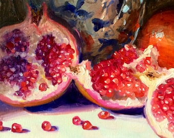 Fruit Art Print of Pomegranates | GRANATE UIT my TUIN | Printed replica of Delft Porcelain Vase in Still Life Painting by Cecilia Rosslee