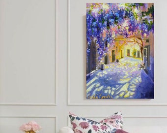 Ready to hang Canvas Art of WISTERIA |  Giclee of Sidewalk in Purple and Yellow by Cecilia Rosslee