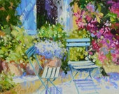 BLUE SHUTTERS ART Print of Parisian Scene Sunlit courtyard in Blue and Pink by Cecilia Rosslee
