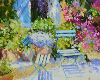 Blue Shutters Art Print: Provence Bougainvillea Scene by Cecilia Rosslee